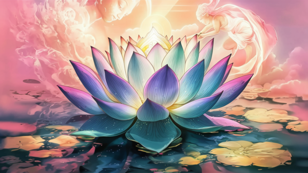 Painting of a blooming lotus flower on a still pond