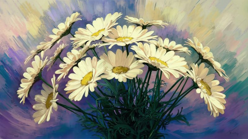 Blooming daisy artwork, white and yellow flower in sunlight, symbolic of joy and new beginnings.