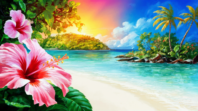 Painting, hibiscus flower in bloom near a beach, turquoise water, sandy shore, tropical scene