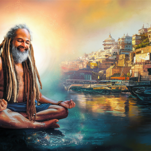 Painting of a saint meditating on the banks of the Ganges River at dawn.