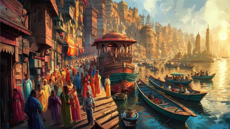 Painting of Varanasi or Banaras, India, showcasing the ghats, temples, and the Ganges River.
