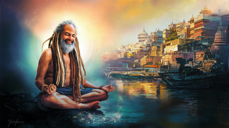 Painting of a saint meditating on the banks of the Ganges River at dawn.