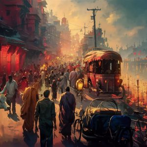 Painting, market scene on the Ganges River bank, India, colorful stalls, vendors, shoppers, holy men, vibrant energy.