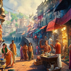 Painting of ancient Haridwar (Mayapuri) marketplace on the Ganges River, India