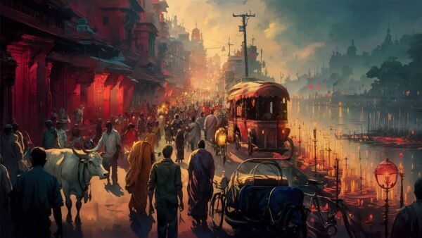 Painting, market scene on the Ganges River bank, India, colorful stalls, vendors, shoppers, holy men, vibrant energy.