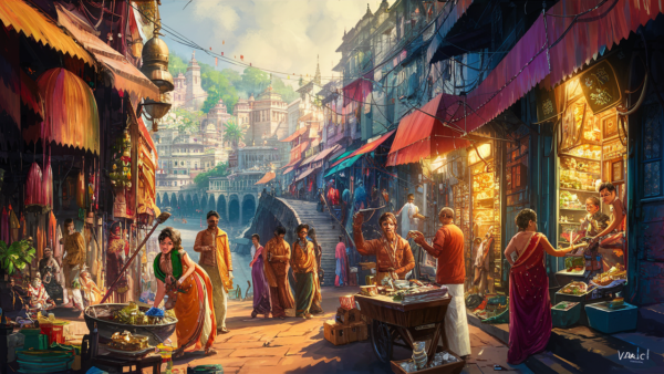 Painting of ancient Haridwar (Mayapuri) marketplace on the Ganges River, India