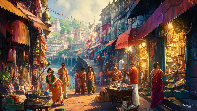 Painting of ancient Haridwar (Mayapuri) marketplace on the Ganges River, India