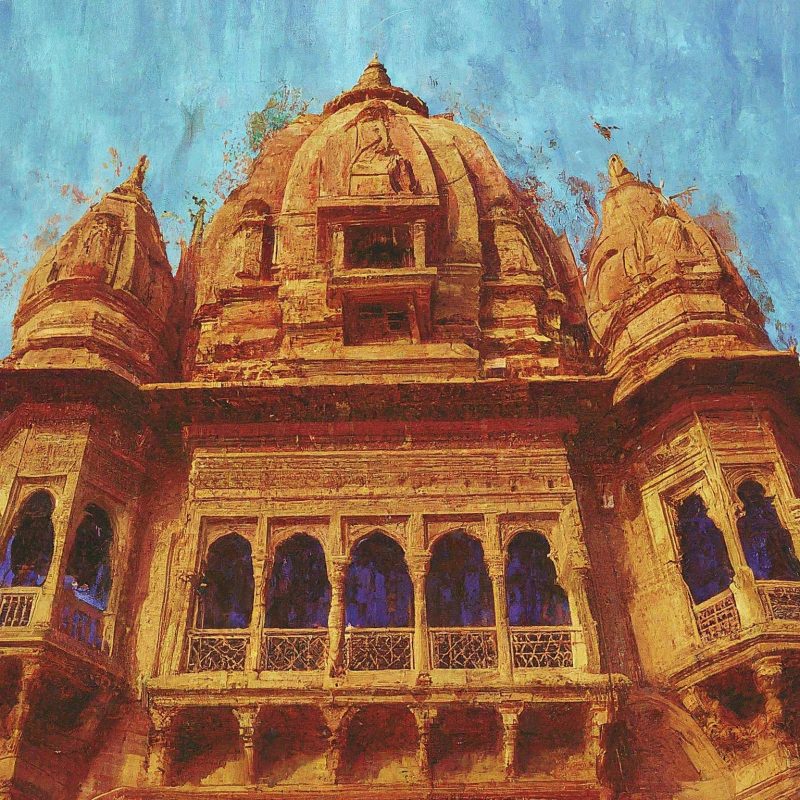 Painting (or photograph) of a detailed facade of an old Indian temple, showcasing intricate carvings and weathered textures.