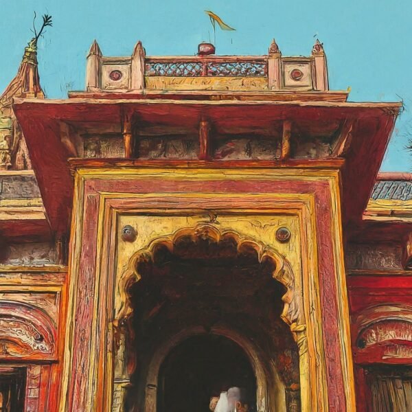Artwork, detailed entrance gate of old Indian temple, weathered stone, intricate carvings, religious architecture, cultural heritage