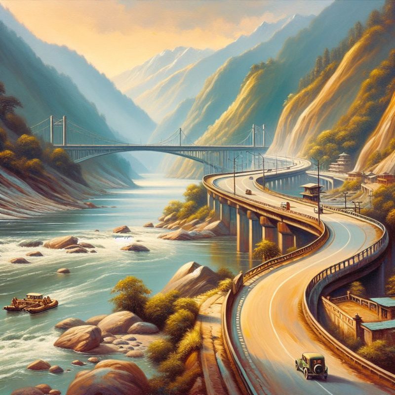 Painting of a curvy hillside road with a river flowing alongside. Lush greenery and a blue sky complete the scenic landscape.